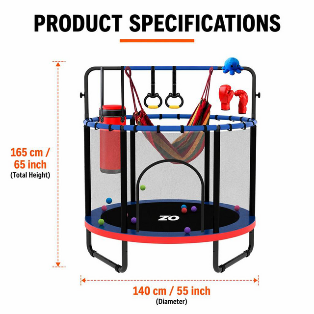 Trampoline pour enfants 5 en 1 de 55 pouces avec anneaux de balan&ccedil;oire pour sac de boxe