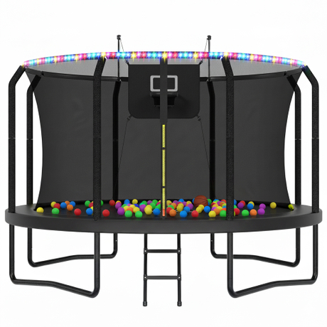 Trampoline ext&eacute;rieur de luxe en forme de 7 avec panier de basket-ball &agrave; lumi&egrave;res LED