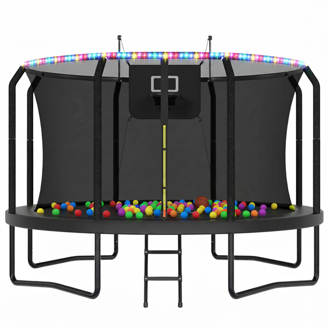 Trampoline ext&eacute;rieur de luxe en forme de 7 avec panier de basket-ball &agrave; lumi&egrave;res LED