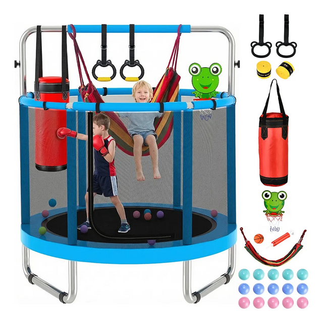 Trampoline pour enfants 6 en 1 de 55 pouces avec sac de boxe pour panier de basket-ball