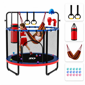 Trampoline pour enfants 5 en 1 de 55 pouces avec anneaux de balan&ccedil;oire pour sac de boxe