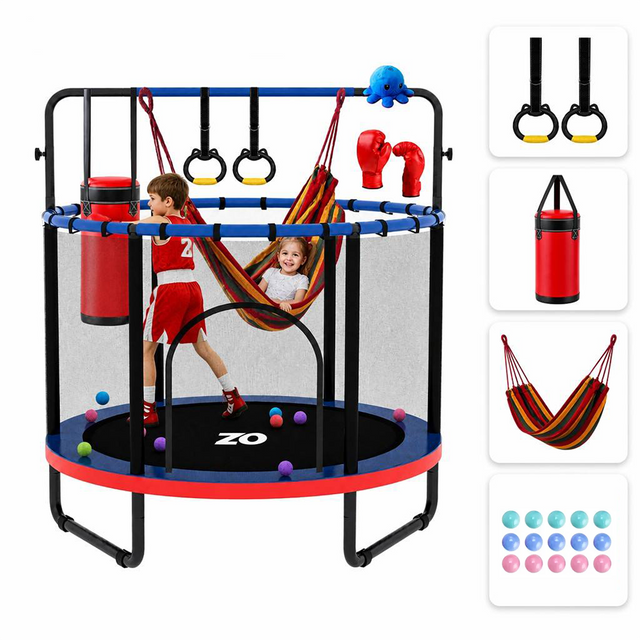 Trampoline pour enfants 5 en 1 de 55 pouces avec anneaux de balan&ccedil;oire pour sac de boxe