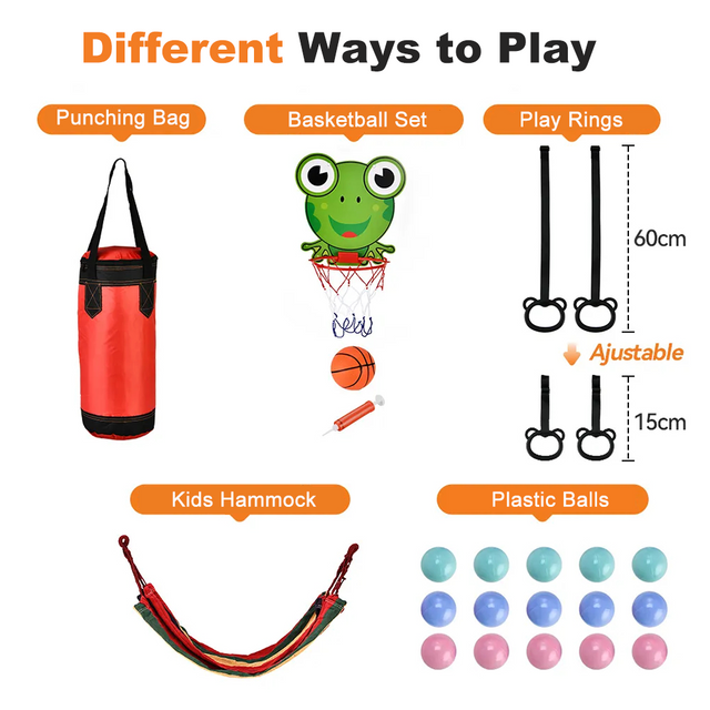 Trampoline pour enfants 6 en 1 de 55 pouces avec sac de boxe pour panier de basket-ball