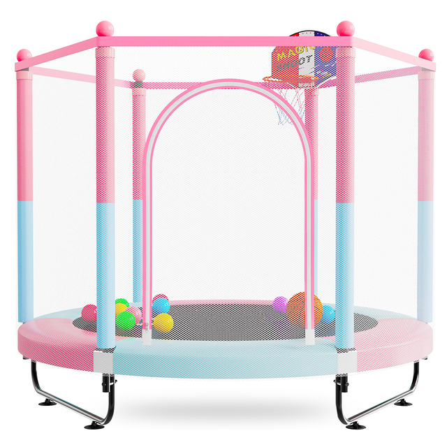 Trampoline pour enfants 3 en 1 de 60 pouces avec fosse &agrave; balles de panier de basket-ball